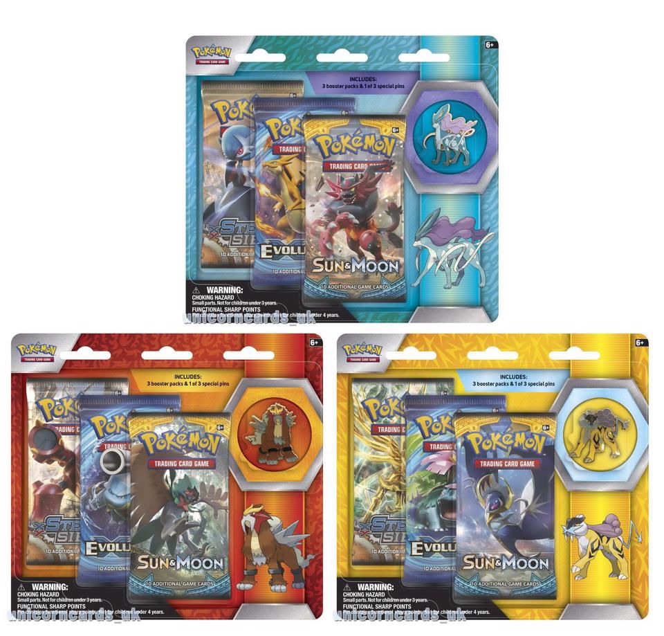 Pokemon TCG: Collector’s Pin 3-Pack Blisters x3 :: Entei, Raikou and ...