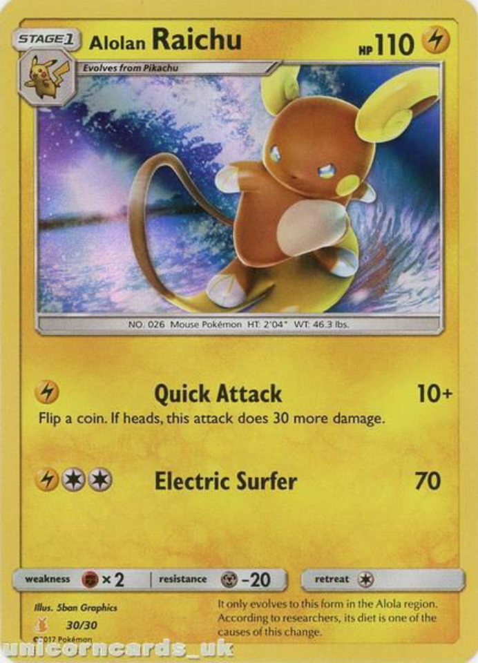 Alolan Raichu 30/30 TK2 Holofoil Mint Pokemon Card