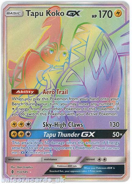 Tapu Koko GX 153/145 Rainbow Secret Rare Pokemon Card Near Mint