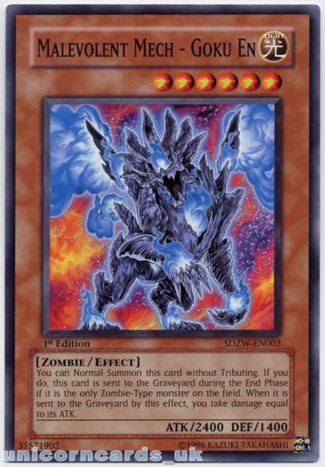 SDZW-EN002 Malevolent Mech - Goku En 1st Edition Mint YuGiOh Card:: Unicorn  Cards - YuGiOh!, Pokemon, Digimon and MTG TCG Cards for Players and  Collectors.