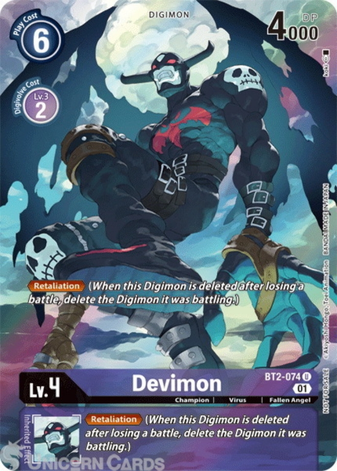 digimon devimon card Credit Card Skin Burst 2] (Trash 2 of this Digimons digivolution cards to activate the effects below.) Delete 1 of your opponents level 3 Digimon. Devimon Digimon Judge Promos |