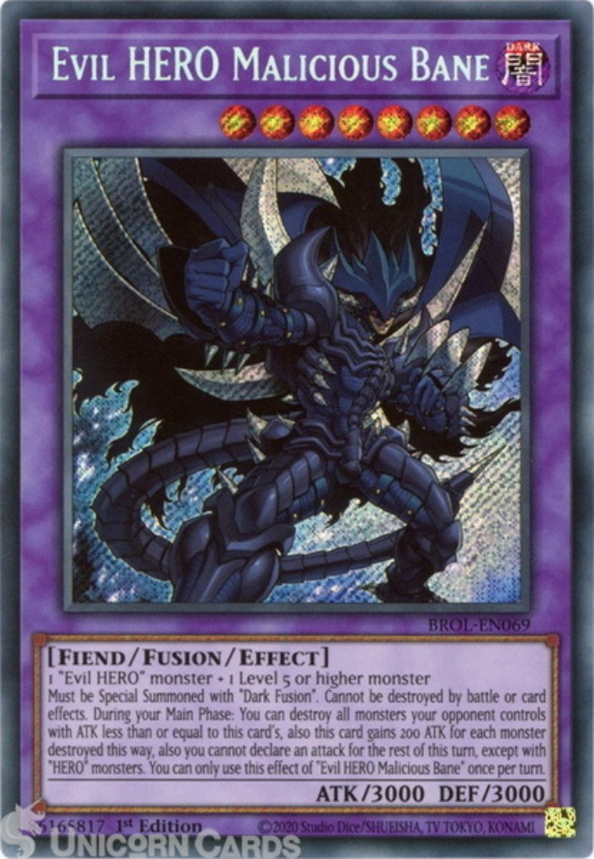 BROL-EN069 Evil HERO Malicious Bane Secret Rare 1st Edition Mint YuGiOh ...