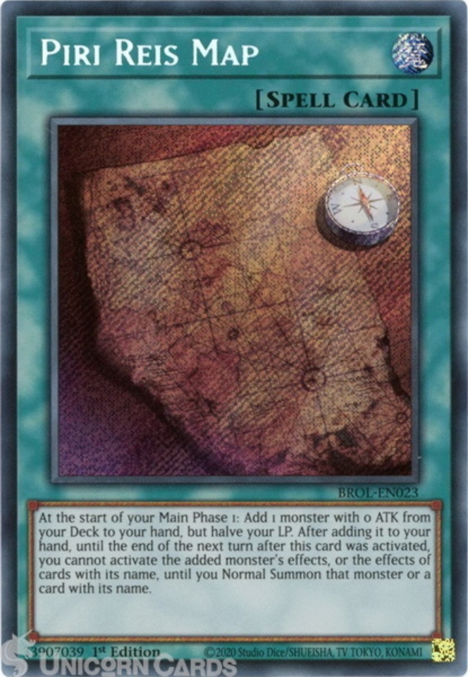 yugioh map card Piri Reis - BROL-EN023 - Secret Rare This officially licensed metal map measures 13.7 x 15cm and features a heavily embossed front which details the Duelist Kingdom in an antique gold BROL-EN023 Piri Reis Map Secret