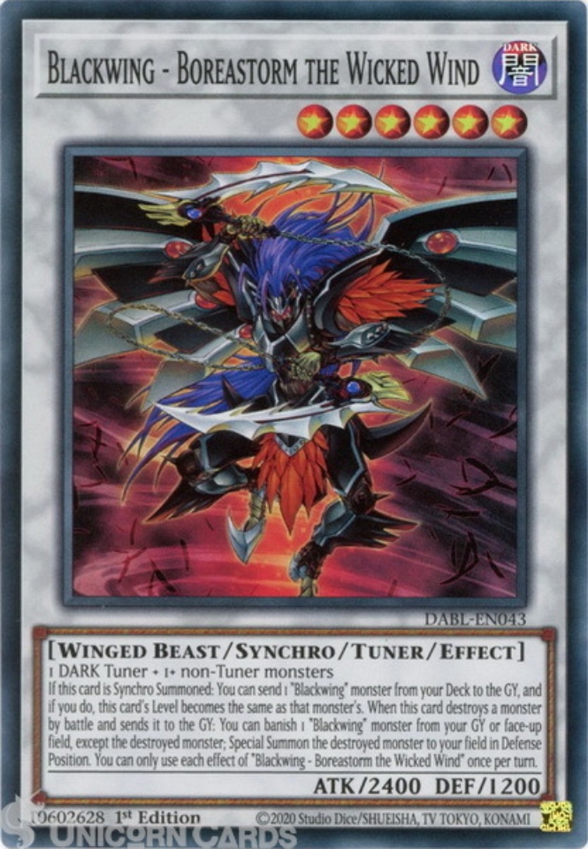 DABL-EN043 Blackwing - Boreastorm the Wicked Wind :: Super Rare 1st Edition  Mint YuGiOh Card:: Unicorn Cards - YuGiOh!, Pokemon, Digimon and MTG TCG  Cards for Players and Collectors.