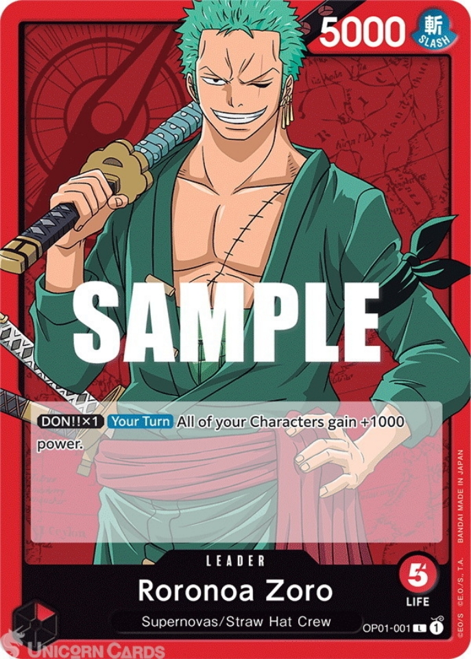 OP01001 Roronoa Zoro Leader One Piece TCG Card Unicorn Cards