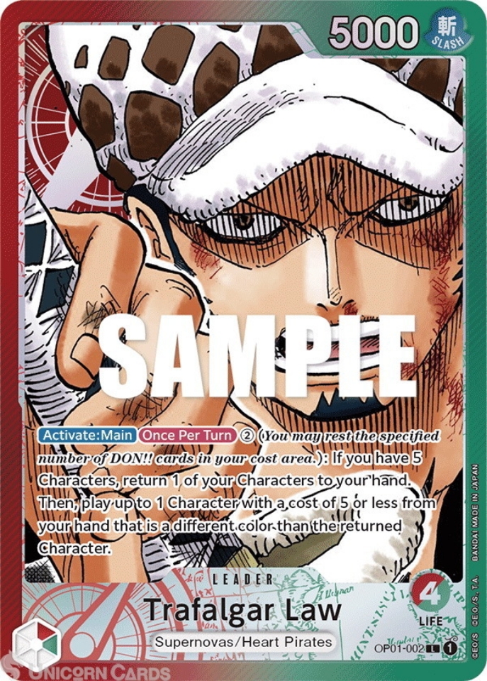 OP01-002-ALT Trafalgar Law (Parallel) Leader Alternative Art One Piece TCG Card:: Unicorn Cards