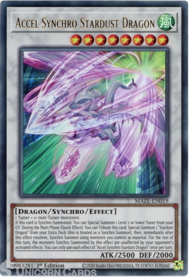 MAZE-EN019 Accel Synchro Stardust Dragon :: Ultra Rare 1st Edition Mint YuGiOh  Card:: Unicorn Cards - YuGiOh!, Pokemon, Digimon and MTG TCG Cards for  Players and Collectors.