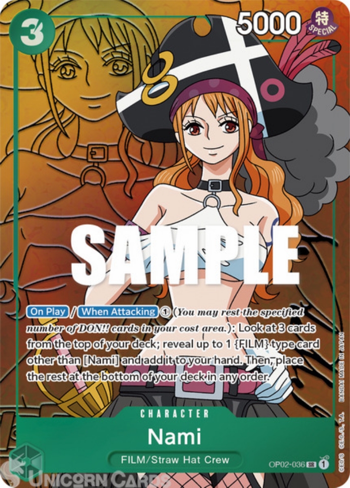 OP02036 Nami Super Rare Alternative Art One Piece TCG Card Unicorn Cards YuGiOh!, Pokemon