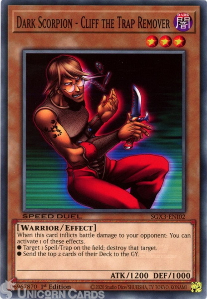 SGX3-ENI02 Dark Scorpion - Cliff the Trap Remover :: Common 1st Edition  Mint YuGiOh Card:: Unicorn Cards - YuGiOh!, Pokemon, Digimon and MTG TCG  Cards for Players and Collectors.