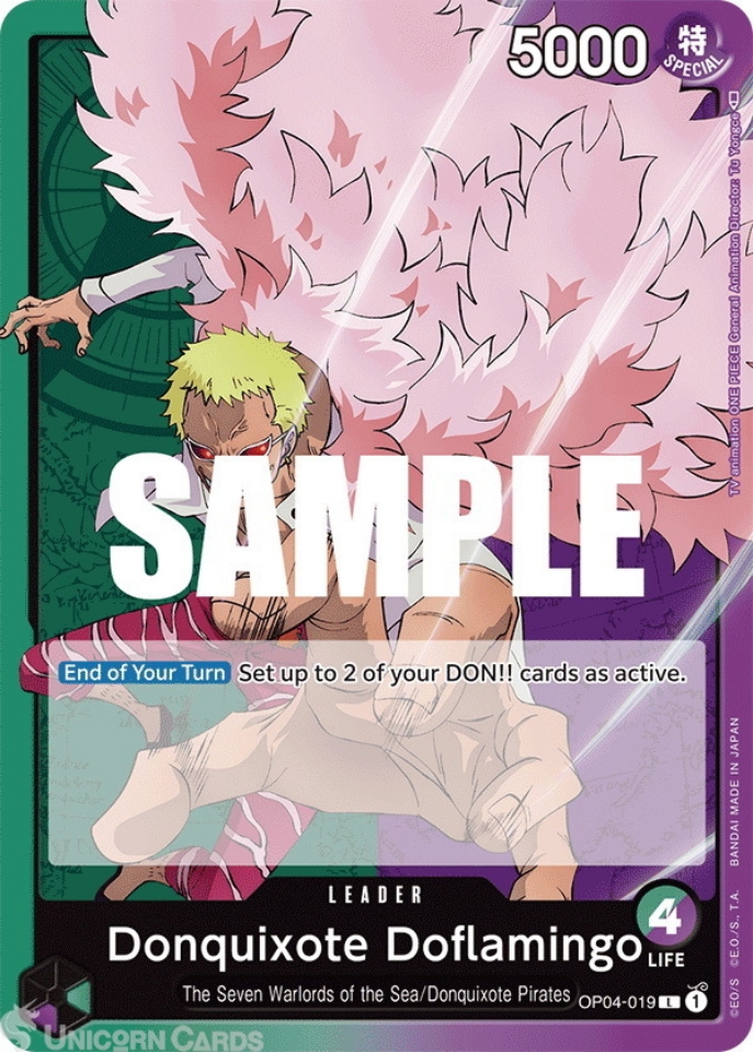 OP04019 Donquixote Doflamingo Leader One Piece TCG Card Unicorn