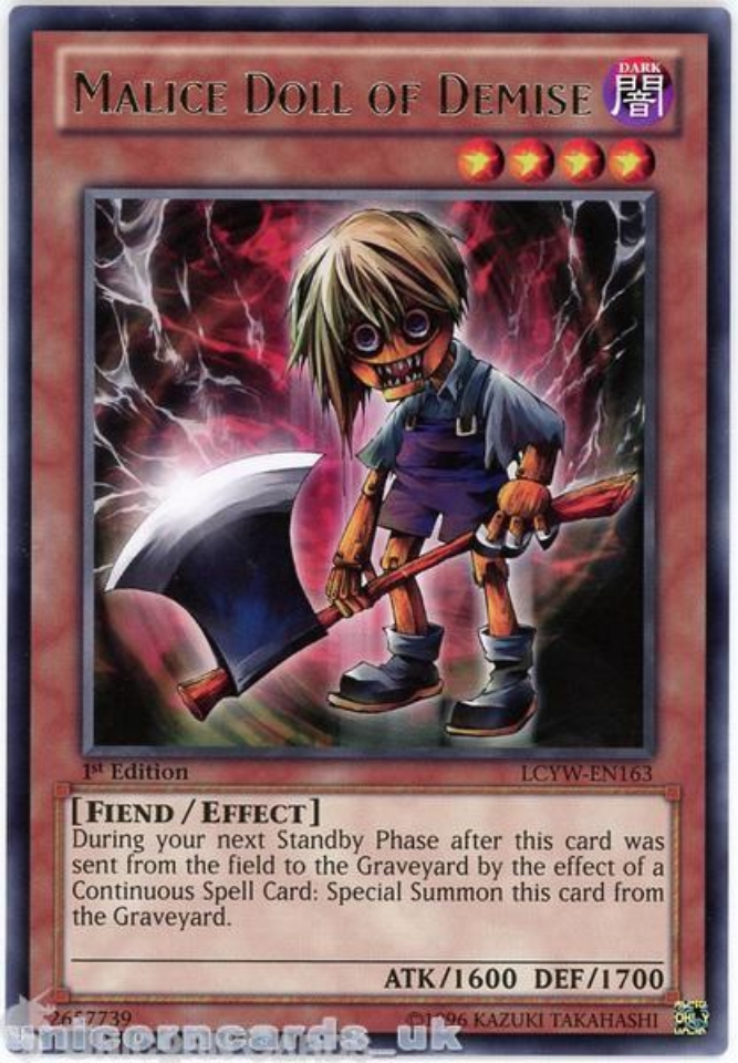 yugioh malice cards Yu-Gi-Oh! Dark Spirit of - LDS3-EN011 - Common Special Summon this card from the Graveyard during your Standby Phase. LCYW-EN163 Malice Doll of Demise