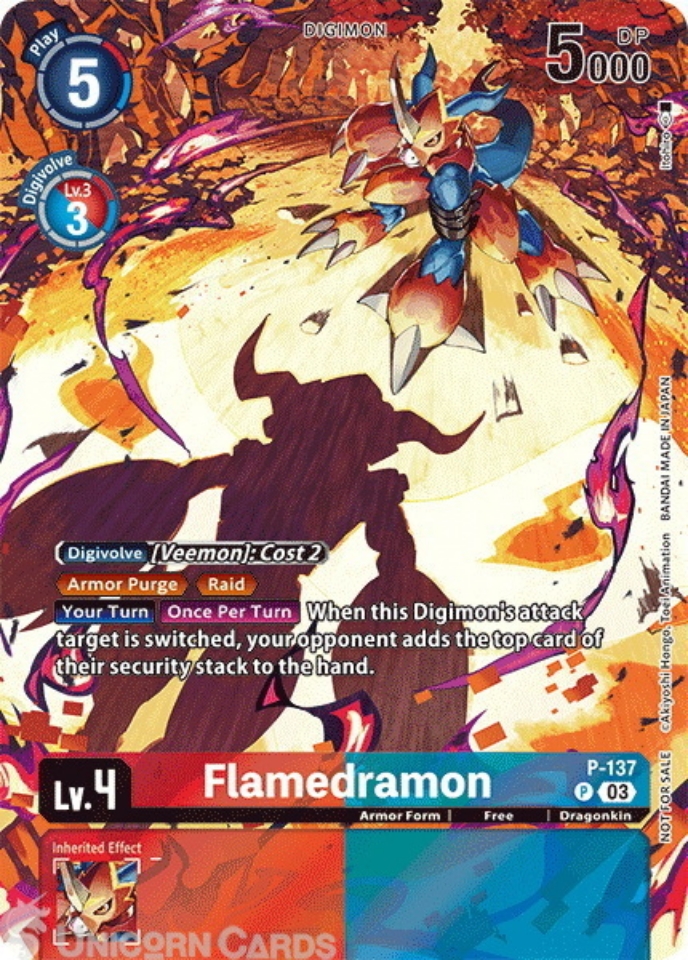 P 137 Flamedramon: Promo Digimon Card: BT17: Secret Crisis Update Pack 2024 Box Topper Cards
