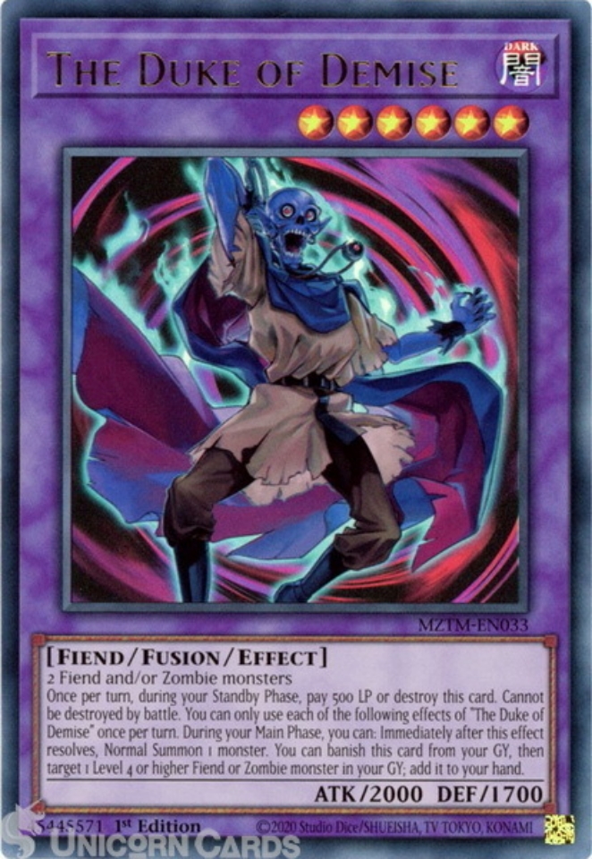 MZTM-EN033 The Duke of Demise : Ultra Rare 1st Edition Mint YuGiOh Card::  Unicorn Cards - YuGiOh!, Pokemon, Digimon and MTG TCG Cards for Players and  Collectors.