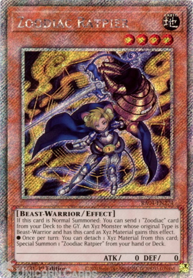 RA04-EN274 Zoodiac Ratpier : Platinum Secret Rare 1st Edition Mint YuGiOh  Card:: Unicorn Cards - YuGiOh!, Pokemon, Digimon and MTG TCG Cards for  Players and Collectors.