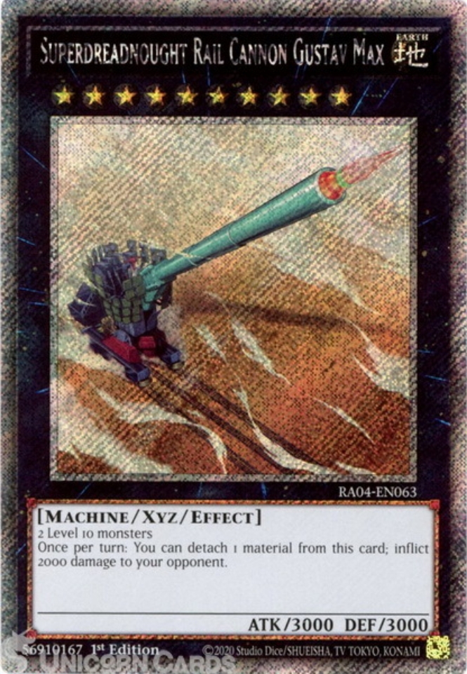 RA04-EN063 Superdreadnought Rail Cannon Gustav Max : Platinum Secret Rare  1st Edition Mint YuGiOh Card:: Unicorn Cards - YuGiOh!, Pokemon, Digimon  and MTG TCG Cards for Players and Collectors.