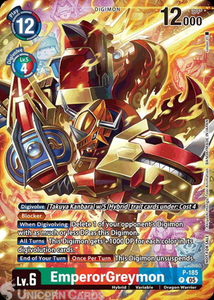 P 185 EmperorGreymon: Promo Digimon Card: BT21: Booster World Convergence BT21: Illustration Celebration Pack Cards