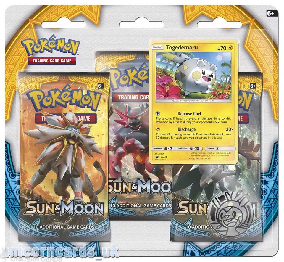 Sun & Moon 3 Pack Blister: Togedemaru Card + 3 Booster Packs + Coin