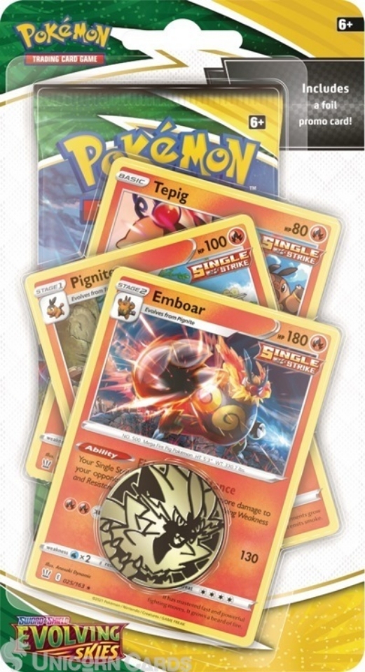 Sword & Shield Evolving Skies Premium Checklane Blister Emboar: 3 Cards + Booster + Coin