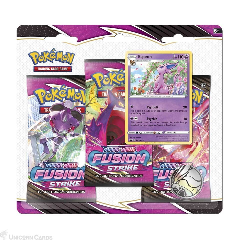 Sword & Shield Fusion Strike 3 Pack Blister: Espeon Card + 3 Boosters + Coin