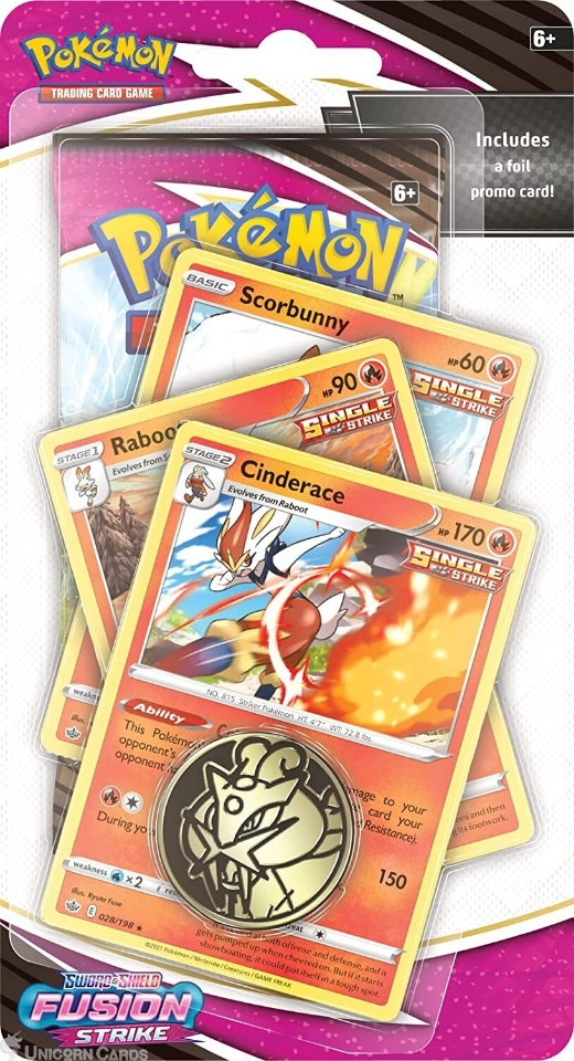 Sword & Shield Fusion Strike Premium Checklane Blister Pack Cinderace: 3 Promo Cards + 1 Booster + Coin