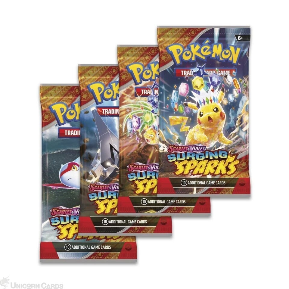 Pokemon TCG: Scarlet & Violet - Surging Sparks x4 Booster Packs : All 4 Art  Types:: Unicorn Cards - YuGiOh!, Pokemon, Digimon and MTG TCG Cards for  Players and Collectors.