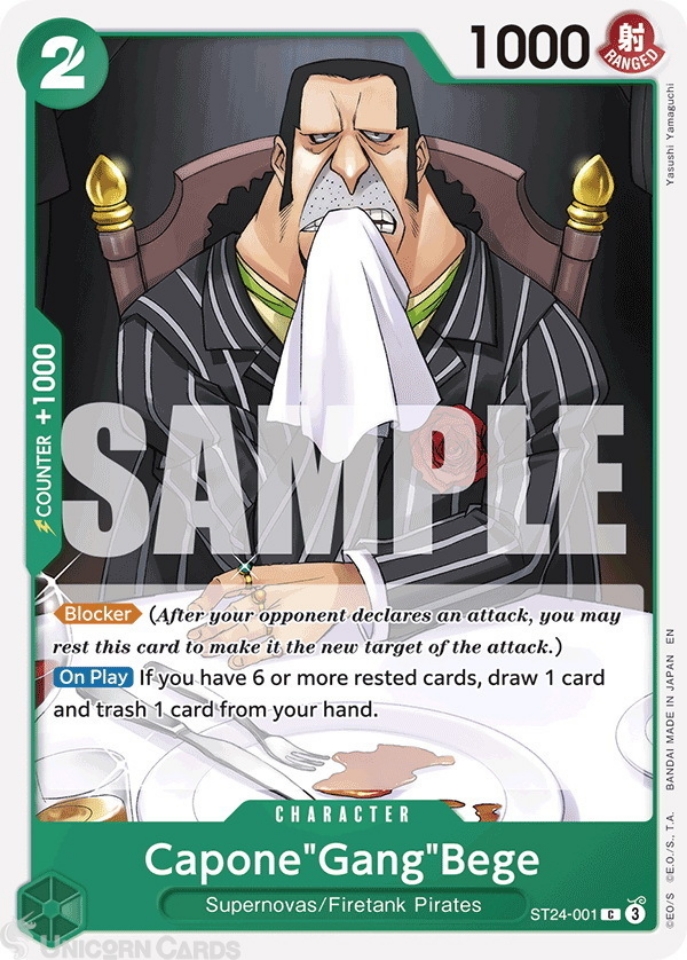 ST24-001 Capone"Gang"Bege : Common English One Piece TCG Card : ST24:  Starter Deck - GREEN Jewelry Bonney:: Unicorn Cards - YuGiOh!, Pokemon,  Digimon and MTG TCG Cards for Players and Collectors.