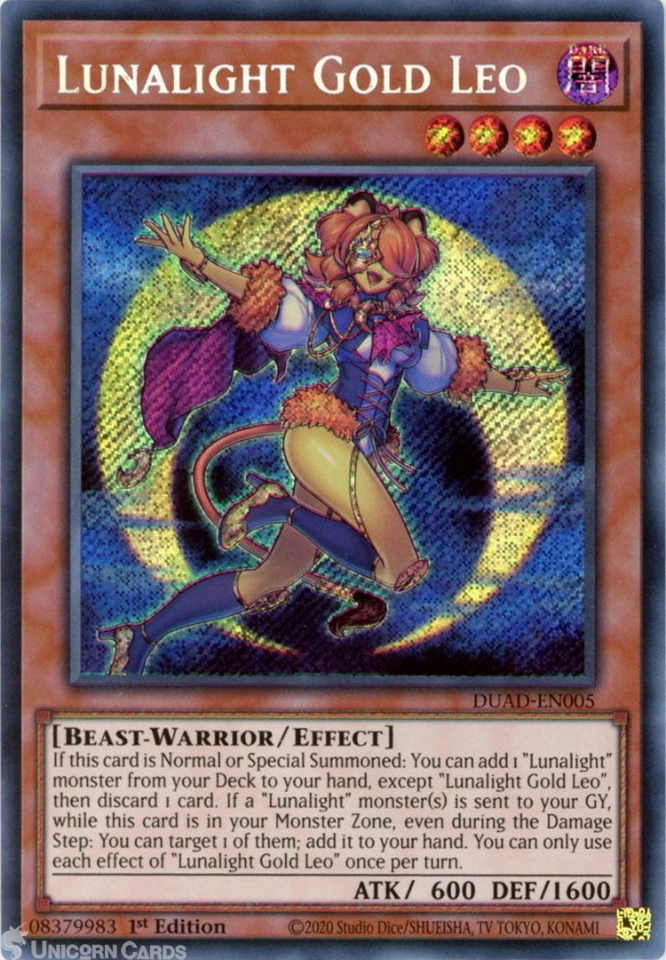 DUAD-EN005 Lunalight Gold Leo : Secret Rare 1st Edition Mint YuGiOh Card::  Unicorn Cards - YuGiOh!, Pokemon, Digimon and MTG TCG Cards for Players and  Collectors.