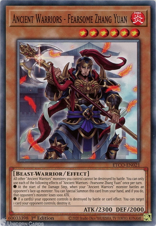 ETCO-EN021 Ancient Warriors - Fearsome Zhang Yuan : Common 1st Edition Mint  YuGiOh Card:: Unicorn Cards - YuGiOh!, Pokemon, Digimon and MTG TCG Cards  for Players and Collectors.