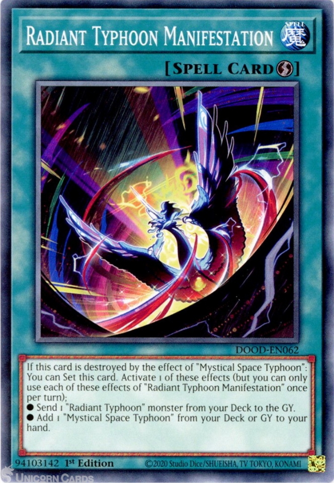 typhoon yugioh card YU-GI-OH! - (OP01-EN013) - OTS Tournament Pack 1 - Unlimited Edition may be 1st or Unlimited Edition DOOD-EN062 Radiant Typhoon Manifestation :
