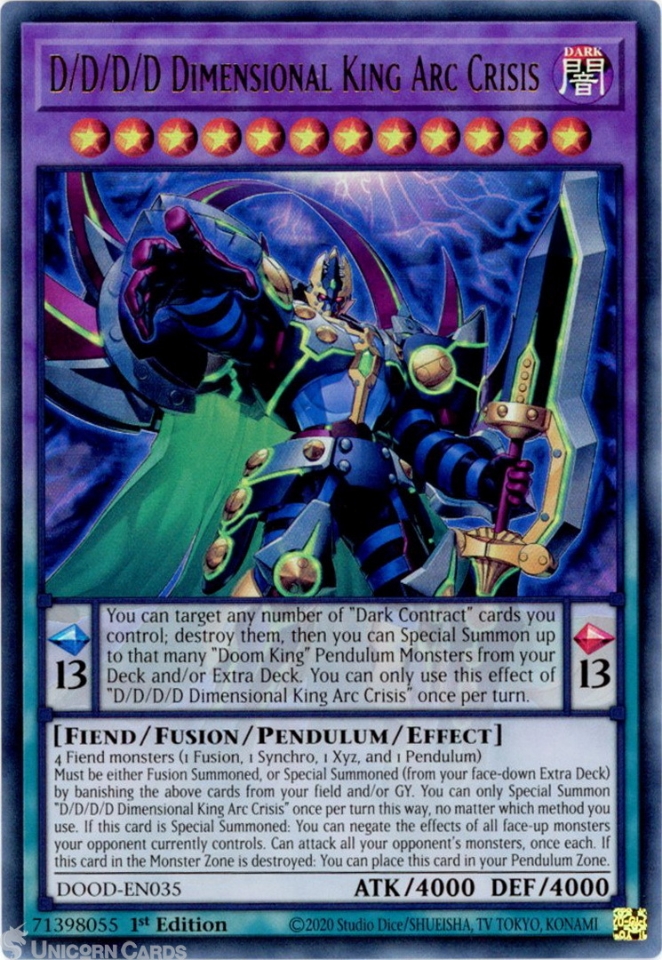 yugioh d cards DOOD-EN035 D/D/D/D Dimensional King Arc Crisis : Ultra Rare 1st Edition Mint Card:: Unicorn may be 1st or Unlimited Edition Yu-Gi-Oh Card - ROTD-EN091 -