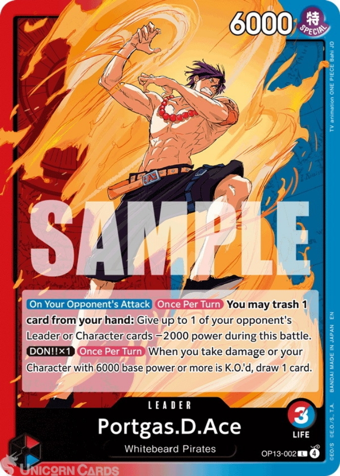 OP13-002 Portgas.D.Ace : Leader English One Piece TCG Card : OP13